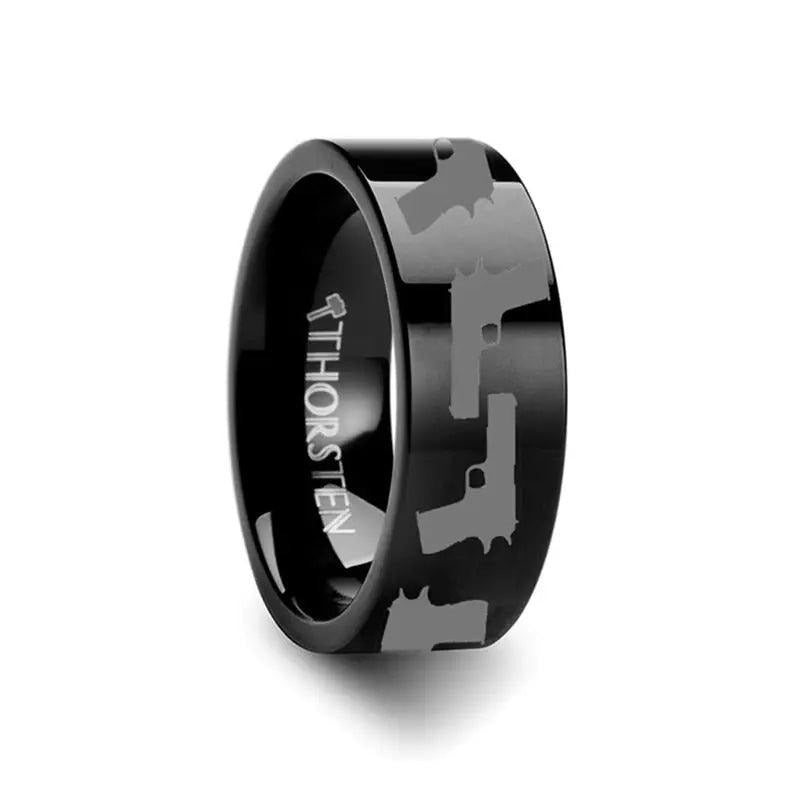 M1911 Print Design Engraved Flat Tungsten Black Ring - 4mm - 12mm - 6mm