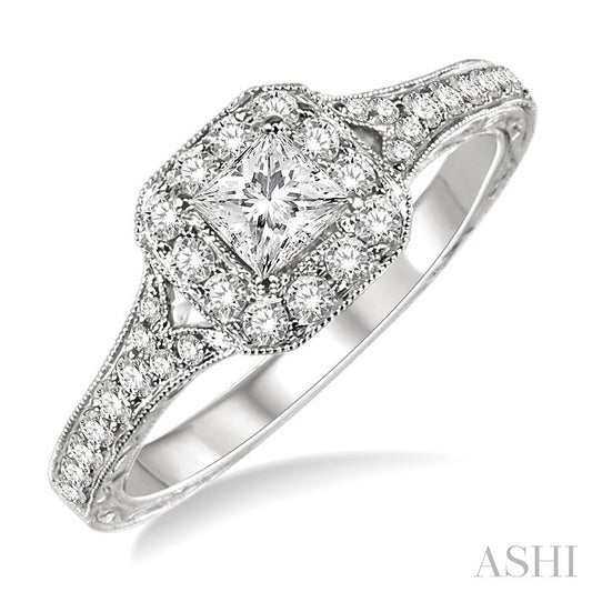 5/8 Ctw Diamond Engagement Ring with 1/4 Ct Princess Cut Center Stone in 14K White Gold