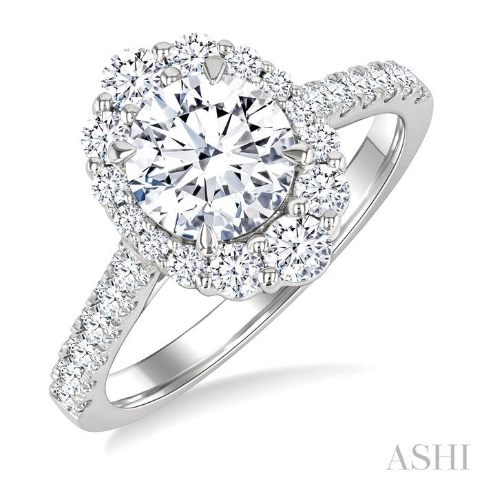 3/4 Ctw Scalloped Oval Centerpiece Circular Shape Round Cut Diamond Semi-Mount Engagement Ring in 14K White Gold