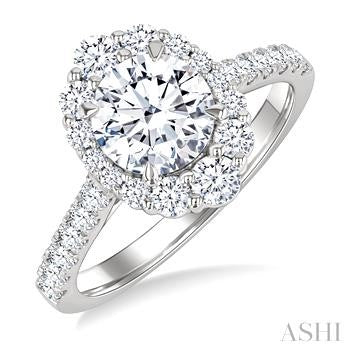 3/4 Ctw Scalloped Oval Centerpiece Circular Shape Round Cut Diamond Semi-Mount Engagement Ring in 14K White Gold