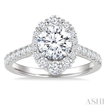 3/4 Ctw Scalloped Oval Centerpiece Circular Shape Round Cut Diamond Semi-Mount Engagement Ring in 14K White Gold