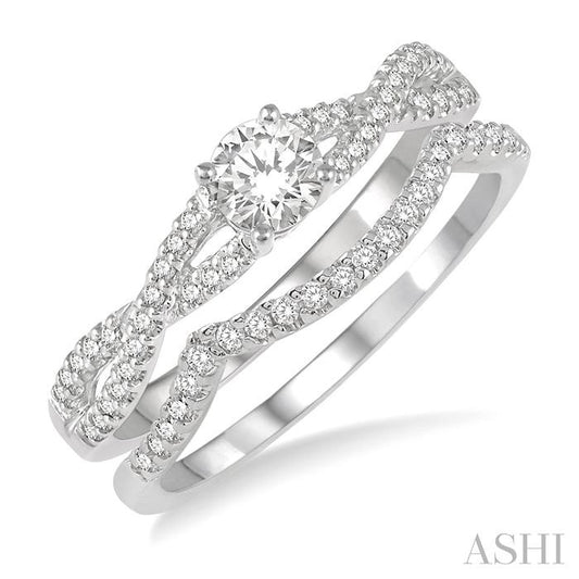 1/2 Ctw Diamond Wedding Set with 3/8 Ctw Round Cut Engagement Ring and 1/10 Ctw Wedding Band in 14K White Gold