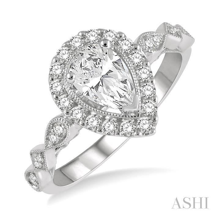 3/4 Ctw Carved Shank Round Cut Diamond Engagement Ring With 3/8 Ct Pear Cut Center Stone in 14K White Gold