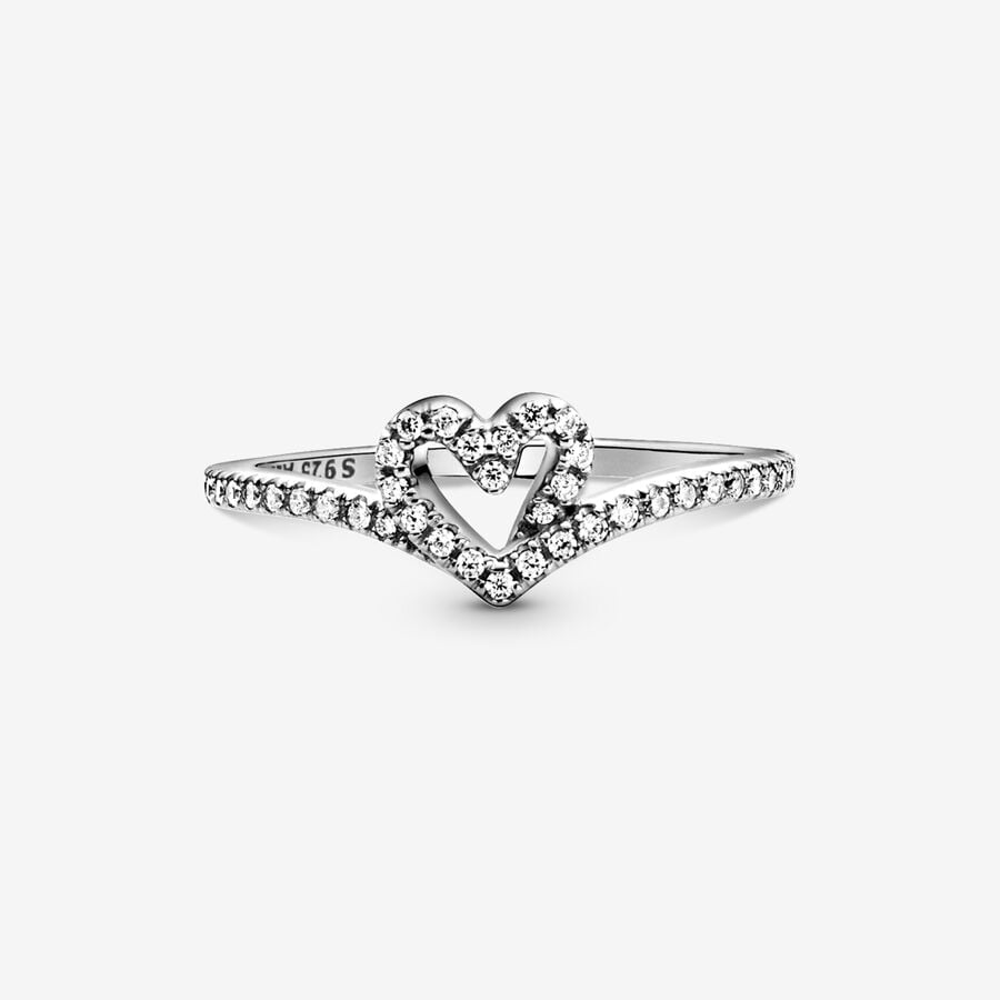 Sparkling Wishbone Heart Ring Silver
