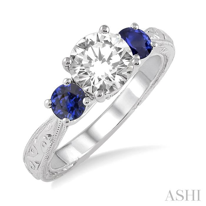 4 MM Round Cut Sapphire and 1/50 Ctw Diamond Past Present and Future Semi-Mount Engagement Ring in 14K White Gold