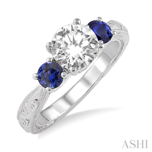 4 MM Round Cut Sapphire and 1/50 Ctw Diamond Past Present and Future Semi-Mount Engagement Ring in 14K White Gold