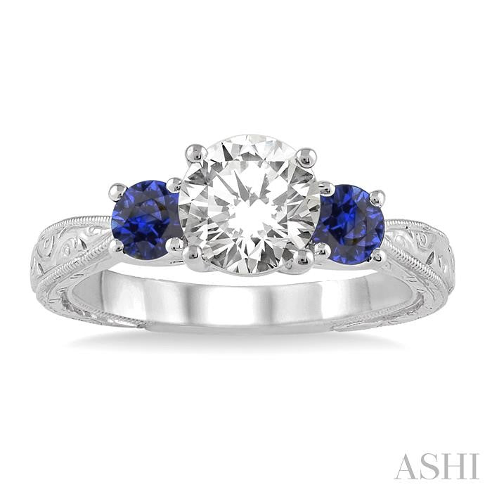 4 MM Round Cut Sapphire and 1/50 Ctw Diamond Past Present and Future Semi-Mount Engagement Ring in 14K White Gold