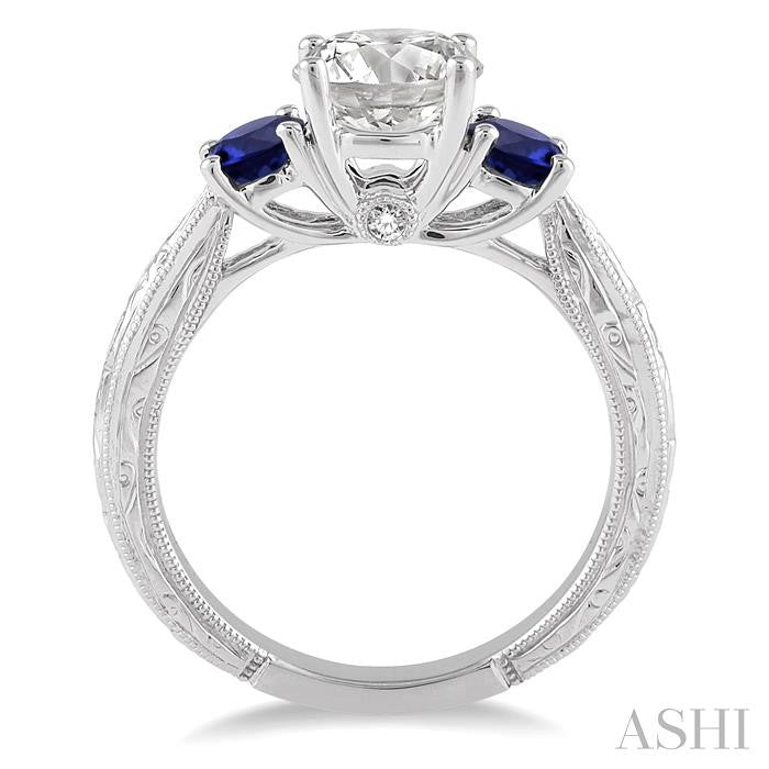 4 MM Round Cut Sapphire and 1/50 Ctw Diamond Past Present and Future Semi-Mount Engagement Ring in 14K White Gold