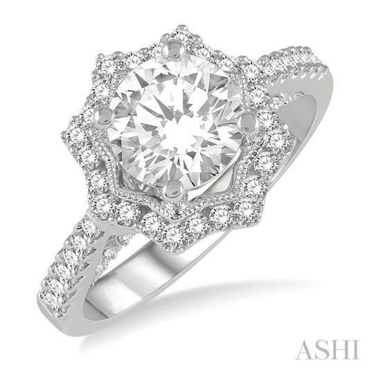 5/8 Ctw Star Border 6.5 MM Round Cut Diamond Semi-Mount Engagement Ring in 14K White Gold