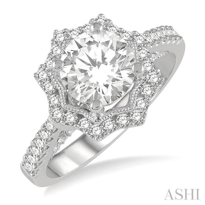 5/8 Ctw Star Border 6.5 MM Round Cut Diamond Semi-Mount Engagement Ring in 14K White Gold
