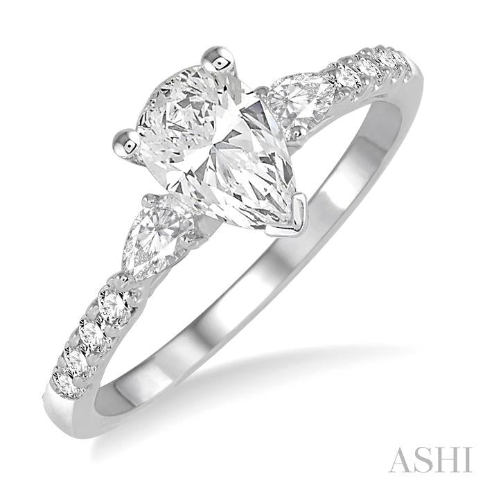 7/8 Ctw Pear & Round Cut Diamond Engagement Ring With 1/2 Ct Pear Cut Center Stone in 14K White Gold