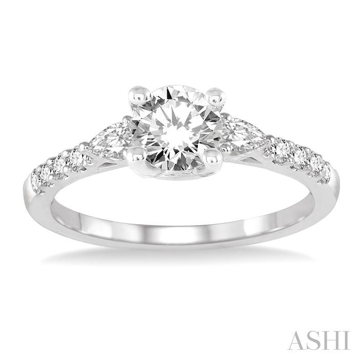 7/8 Ctw Pear and Round Cut Diamond Engagement Ring With 1/2 Ct Round Cut Center Stone in 14K White Gold