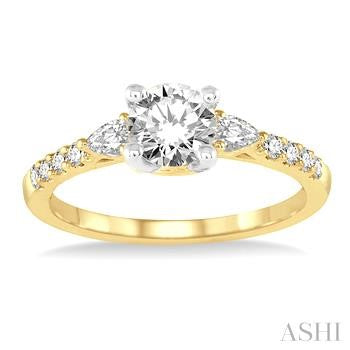 7/8 Ctw Pear and Round Cut Diamond Engagement Ring With 1/2 Ct Round Cut Center Stone in 14K Yellow and White Gold