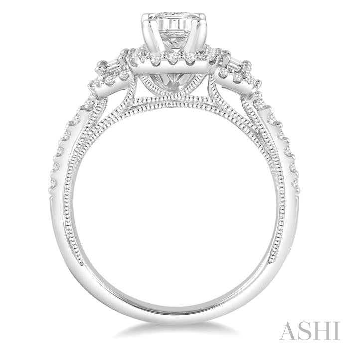 1 Ctw Baguette and Round Cut Diamond Ladies Engagement Ring with 1/2 Ct Emerald Cut Center Stone in 14K White Gold