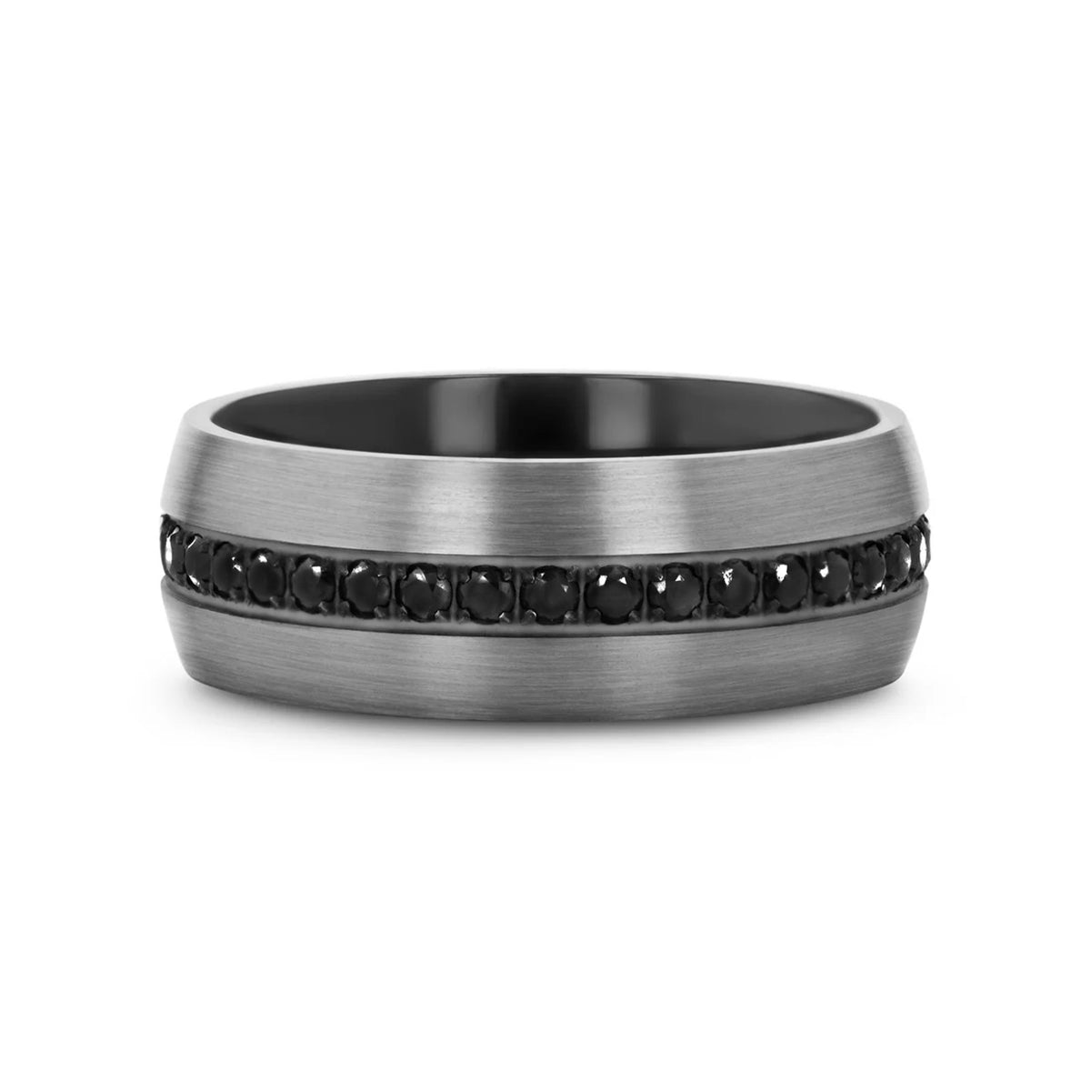 AVIATOR Domed Brushed Titanium Men's Wedding Band with Black Sapphire Stones Inlay - 8mm