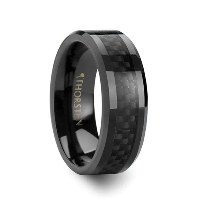 ONYX Black Carbon Fiber Inlaid Black Ceramic Wedding Band - 4mm - 12mm - 8mm