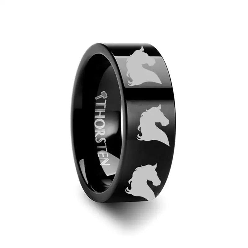 Animal Horse Head Print Engraved Flat Black Tungsten Ring - 4mm - 12mm - 8mm