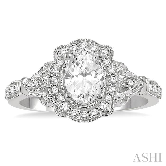 1/3 Ctw Lattice Oval Shape Semi-Mount Round Cut Diamond Engagement Ring in 14K White Gold