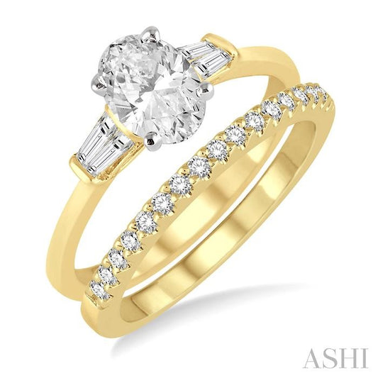 3/4 Ctw Diamond Wedding Set With 5/8 Ctw Baguette & Oval Cut Engagement Ring and 1/6 Ctw Round Cut Diamond Wedding Band 