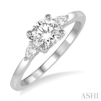 3/4 Ctw Pear and Round Cut Diamond Ladies Engagement Ring With 1/2 Ct Round Cut Center Stone in 14K White Gold