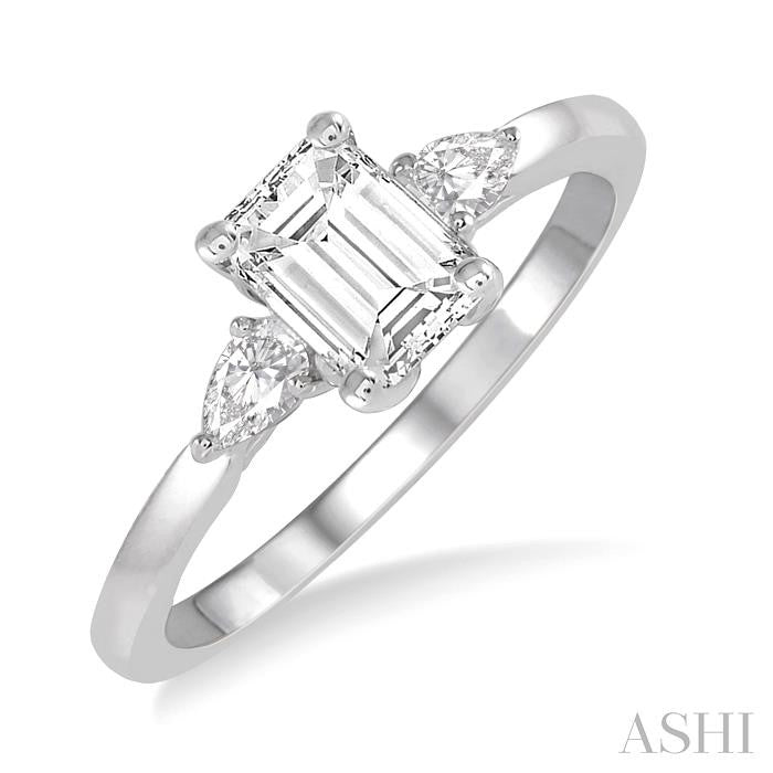 1/2 Ctw Octagon Emerald and Pear Cut Diamond Ladies Engagement Ring with 1/3 Ct Emerald Cut Center Stone in 14K White Go