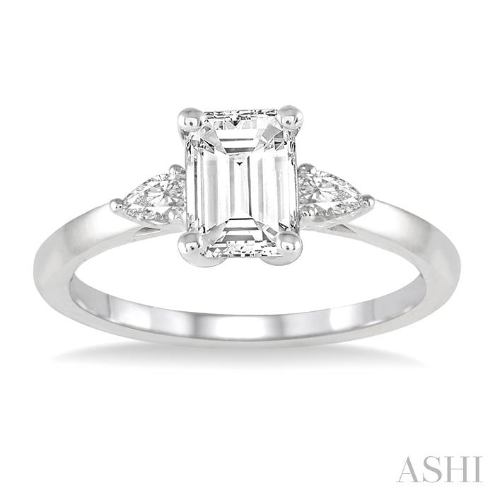 1/2 Ctw Octagon Emerald and Pear Cut Diamond Ladies Engagement Ring with 1/3 Ct Emerald Cut Center Stone in 14K White Go