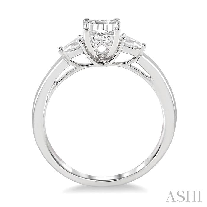 1/2 Ctw Octagon Emerald and Pear Cut Diamond Ladies Engagement Ring with 1/3 Ct Emerald Cut Center Stone in 14K White Go