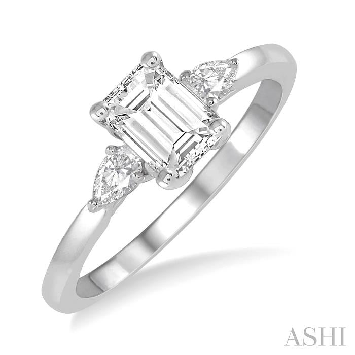 1/2 Ctw Octagon Emerald and Pear Cut Diamond Ladies Engagement Ring with 1/3 Ct Emerald Cut Center Stone in 14K White Go