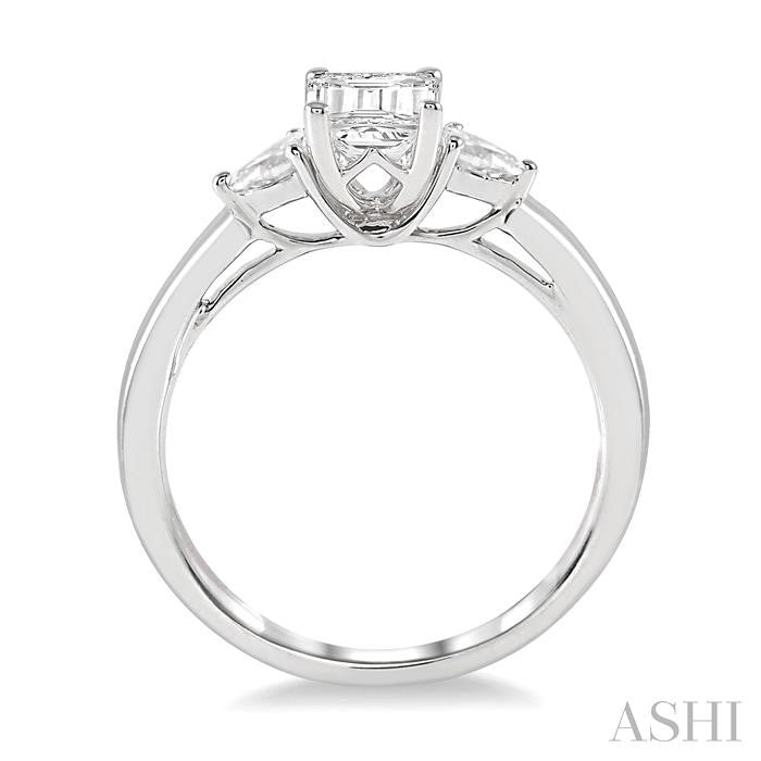 1/2 Ctw Octagon Emerald and Pear Cut Diamond Ladies Engagement Ring with 1/3 Ct Emerald Cut Center Stone in 14K White Go