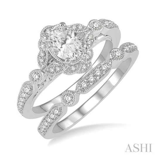 3/4 Ctw Round Cut Diamond Wedding Set With 5/8 Ctw Oval Cut Floral Engagement Ring and 1/10 Ctw Lattice Wedding Band in
