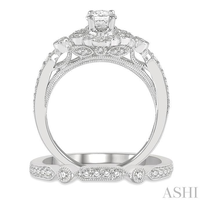 3/4 Ctw Round Cut Diamond Wedding Set With 5/8 Ctw Oval Cut Floral Engagement Ring and 1/10 Ctw Lattice Wedding Band in 