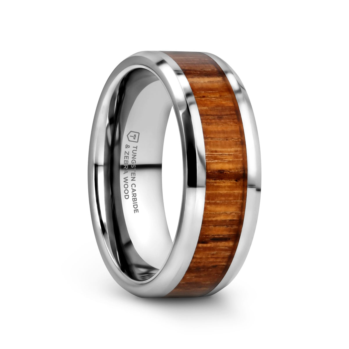 PALMALETTO Tungsten Carbide Ring with Beveled Edges and Real Zebra Wood Inlay - 4mm - 10mm - 8mm