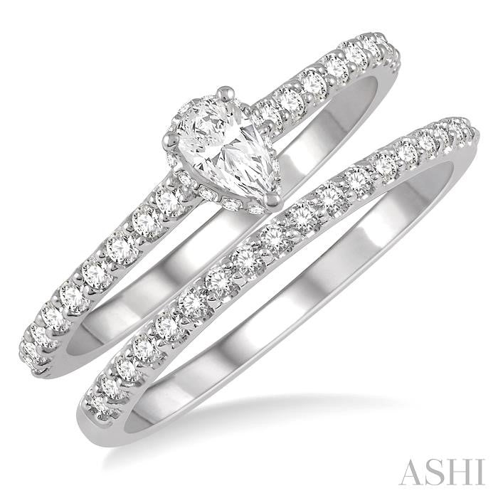 3/4 Ctw Diamond Wedding Set With 5/8 Ct Pear Cut Diamond Engagement Ring and 1/6 Ct Wedding Band in 14K White Gold