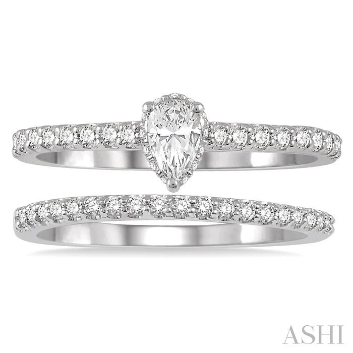 3/4 Ctw Diamond Wedding Set With 5/8 Ct Pear Cut Diamond Engagement Ring and 1/6 Ct Wedding Band in 14K White Gold