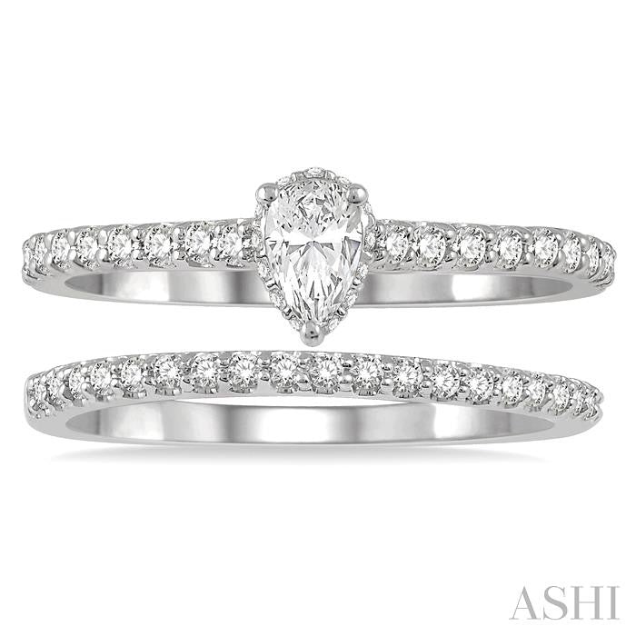 5/8 Ctw Round Cut Diamond Wedding Set With 1/2 Ct Pear Cut 1/4 Ct Center Stone Engagement Ring and 1/6 Ct Wedding Band i