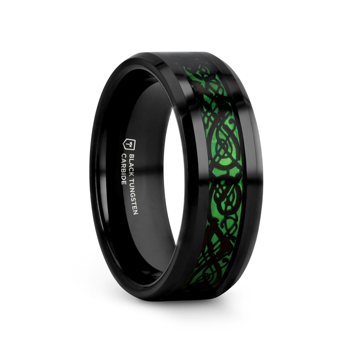 ALLURE Black Dragon Design With Green Background Inlaid Black Tungsten Men's Ring With Clear Coating And Beveled Edge - 
