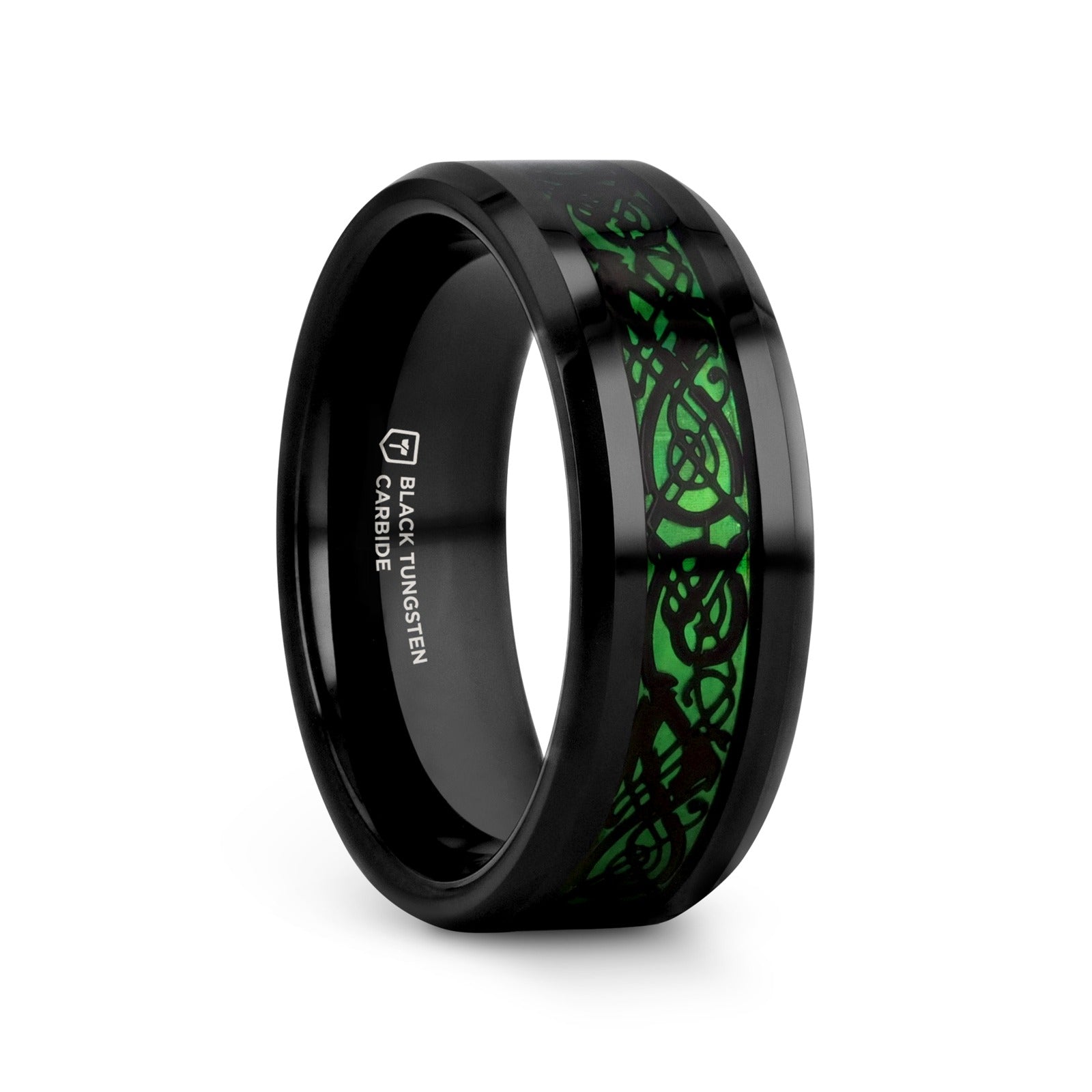 ALLURE Black Dragon Design With Green Background Inlaid Black Tungsten Men's Ring With Clear Coating And Beveled Edge - 