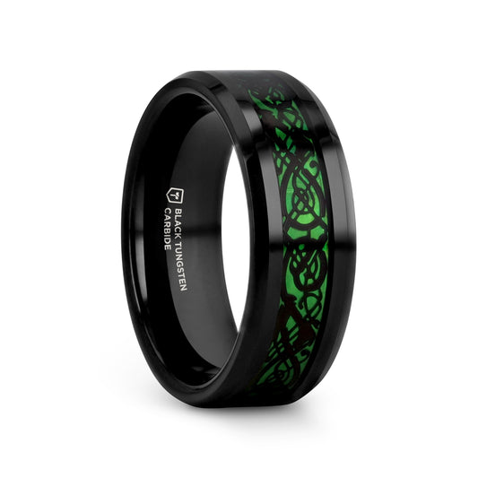ALLURE Black Dragon Design With Green Background Inlaid Black Tungsten Men's Ring With Clear Coating And Beveled Edge - 