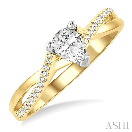 1/2 Ctw Split Crossover Shank Round & Pear Cut Diamond Engagement Ring with 1/3 Ctw Pear Cut Center Stone in 14K Yellow 