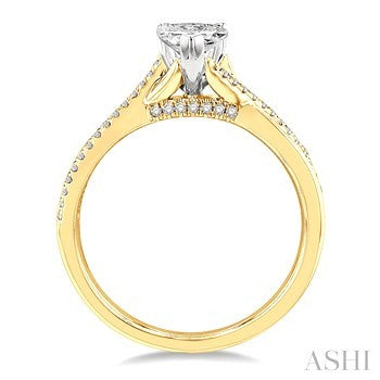 1/2 Ctw Split Crossover Shank Round & Pear Cut Diamond Engagement Ring with 1/3 Ctw Pear Cut Center Stone in 14K Yellow and White Gold