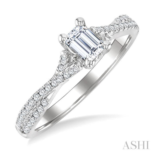 1/2 Ctw Criss Cross Shank Round Cut Diamond Engagement Ring With 1/3 Ct Emerald Cut Diamond Center Stone in 14K White Go