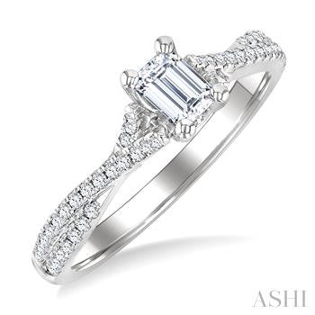 1/2 Ctw Criss Cross Shank Round Cut Diamond Engagement Ring With 1/3 Ct Emerald Cut Diamond Center Stone in 14K White Gold