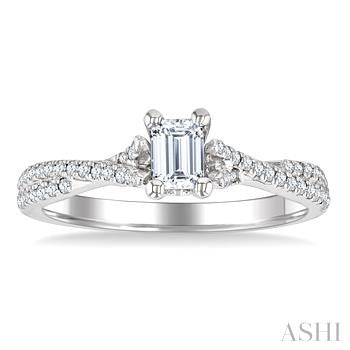 1/2 Ctw Criss Cross Shank Round Cut Diamond Engagement Ring With 1/3 Ct Emerald Cut Diamond Center Stone in 14K White Gold