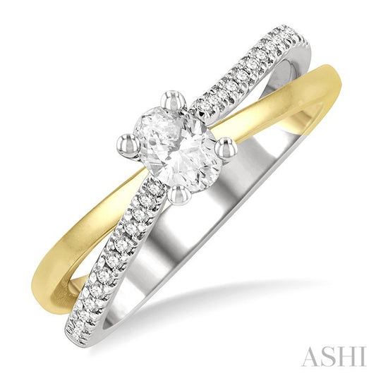 1/2 Ctw Two Tone Criss Cross Round & Oval Cut Diamond Engagement Ring With 1/3 Ct Oval Cut Center Stone in 14K White and