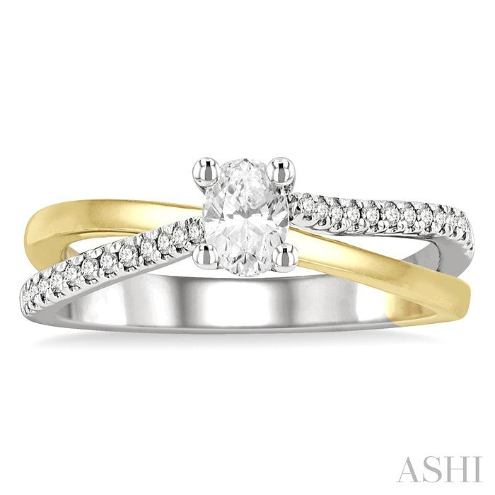 1/2 Ctw Two Tone Criss Cross Round & Oval Cut Diamond Engagement Ring With 1/3 Ct Oval Cut Center Stone in 14K White and