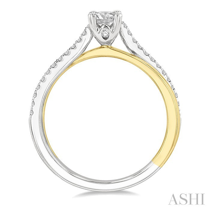 1/2 Ctw Two Tone Criss Cross Round & Oval Cut Diamond Engagement Ring With 1/3 Ct Oval Cut Center Stone in 14K White and