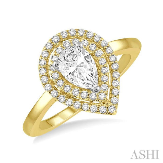 1/2 Ctw Twin Halo Round Cut Diamond Engagement Ring With 1/4 Ct Pear Cut Center Stone in 14K Yellow and White Gold