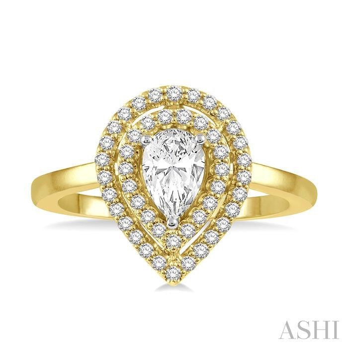 1/2 Ctw Twin Halo Round Cut Diamond Engagement Ring With 1/4 Ct Pear Cut Center Stone in 14K Yellow and White Gold