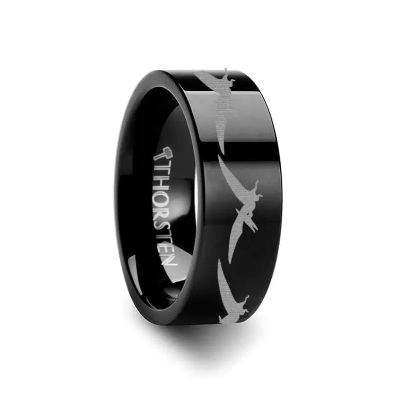 Dinosaur Teradactyl Prehistoric Paleo Engraved Flat Black Tungsten Ring - 4mm - 12mm - 8mm