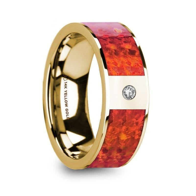 AGOTA Flat Polished 14K Yellow Gold Ring with Red Opal Inlay & Diamond Setting - 8mm